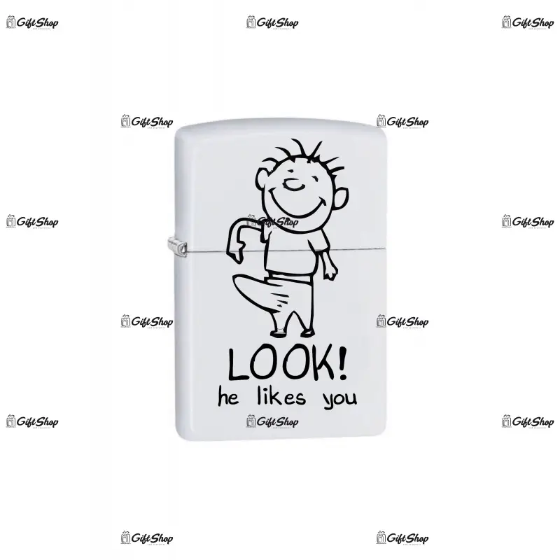 Look he likes you, bricheta metalica gravata laser cu mesaj